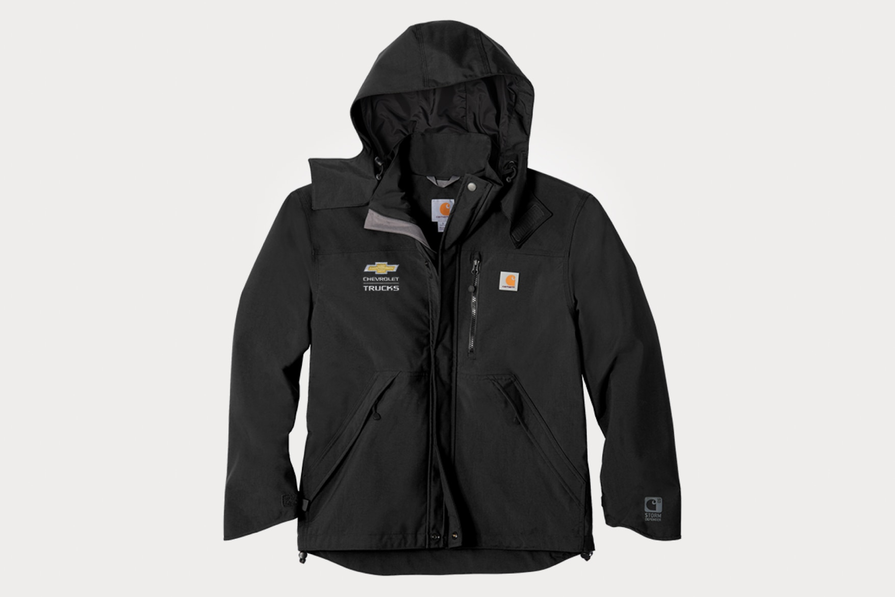 Black Hooded Jacket with Chevrolet Trucks and Carhartt Logos on Chest. Rugged, Outdoor-Ready Design and Multiple Zippers