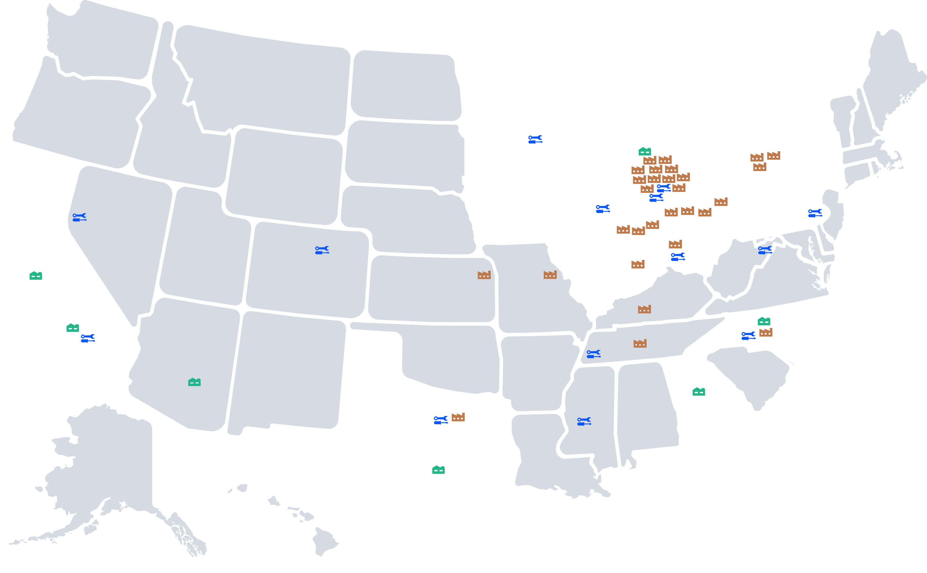 A Map of the United States of America Displaying Where Dealers are Located and the GM Manufacturing Site, Technical Center, and Customer Care & Aftersale Locations