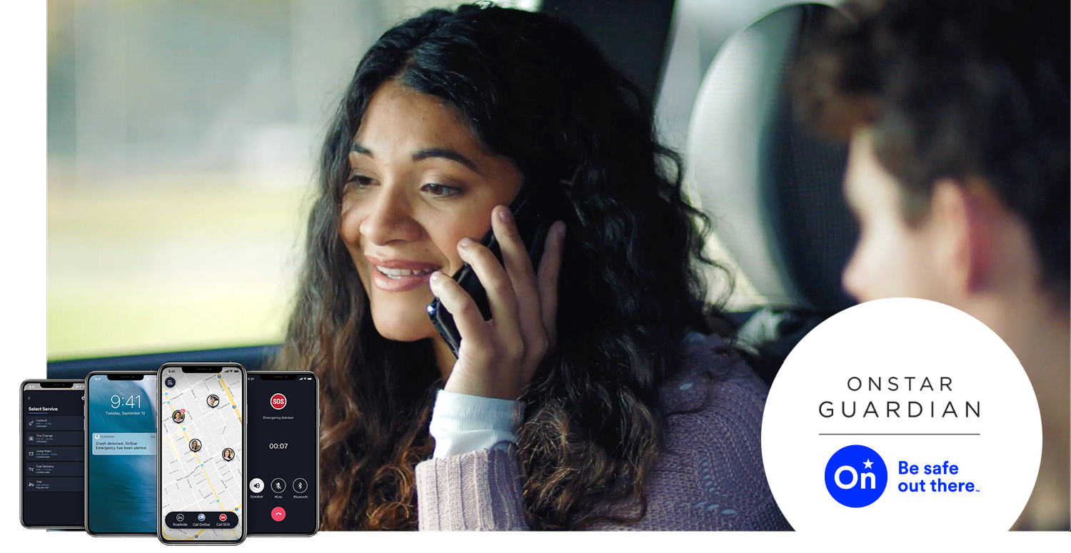  Woman on Phone Call While Sitting in Passenger Seat of Car. OnStar Guardian. Be Safe Out There.